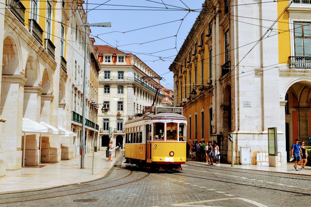 tram in a street in Lisbon.