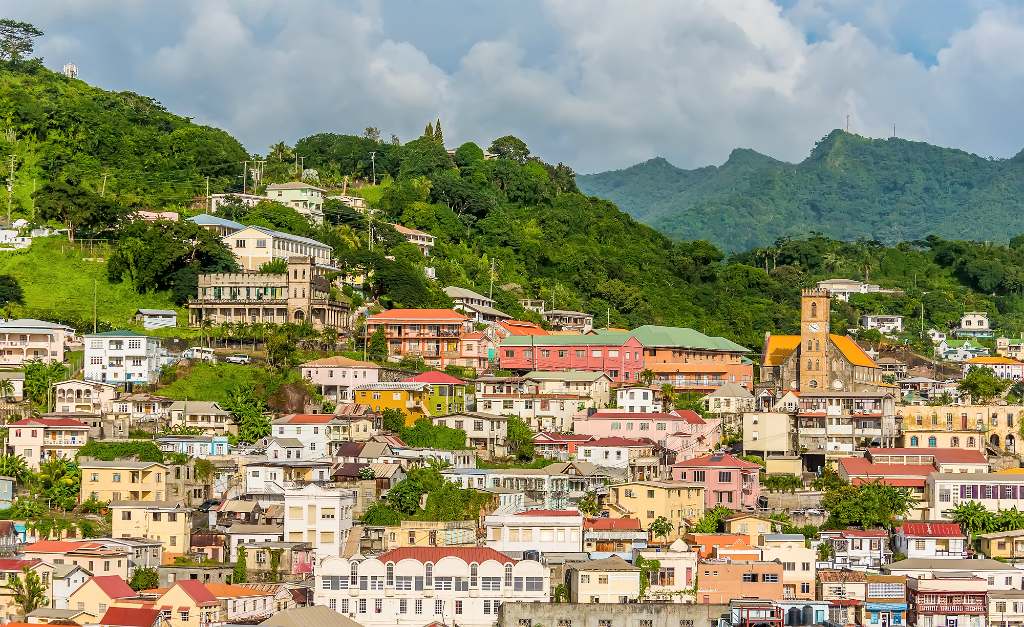 view of hillside town in Grenada. 