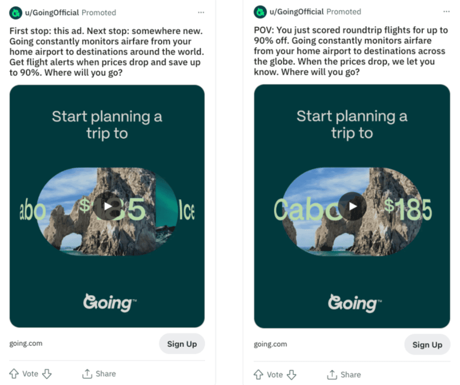 Two examples of ads with different creative copy