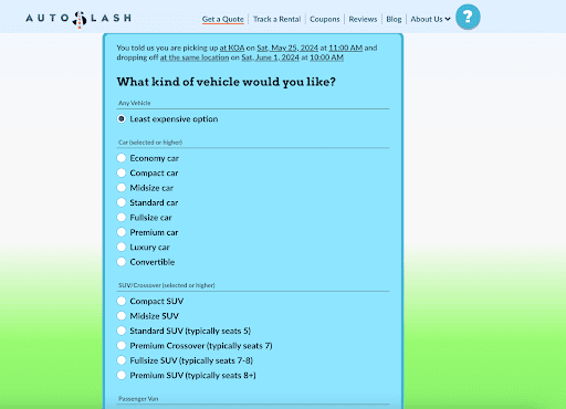 selecting car type on autoslash